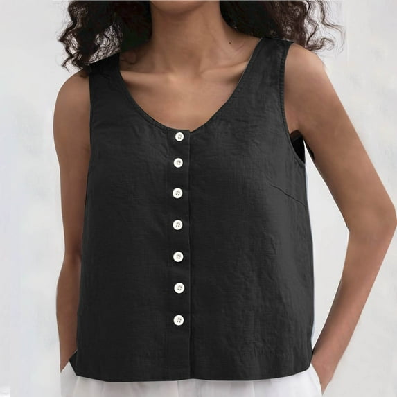 Homenesgenics Tank Tops for Women under $5 Women's Fashion Solid Summer Casual And Linen Sleeveless Round-Neck Button Tank Black M