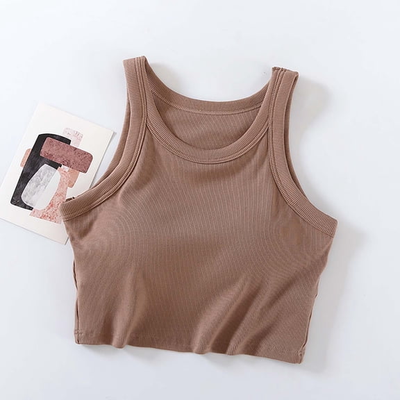Homenesgenics Tank Tops for Women under $5 Women's Solid Color Chest Cushion Exposed Navel Camisole Tank Tops with Built in Bras Brown XL