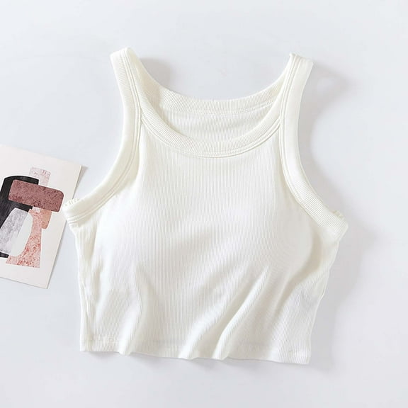 Homenesgenics Tank Tops for Women under $5 Women's Solid Color Chest Cushion Exposed Navel Camisole Tank Tops with Built in Bras White S