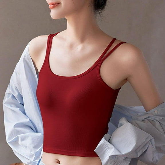 Homenesgenics Tank Tops for Women under $5 Women's Tank Tops with Built in Bras Cushion and Summer Solid Color Base Round Neck Tank Tops Red S