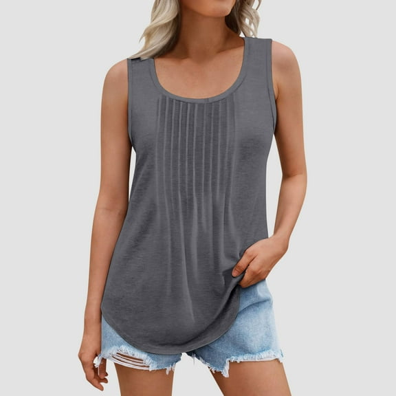 Homenesgenics Tank Tops with Built in Bras Summer Women Solid Color Round Neck Sleeveless Casual Tee Tank Gray XL