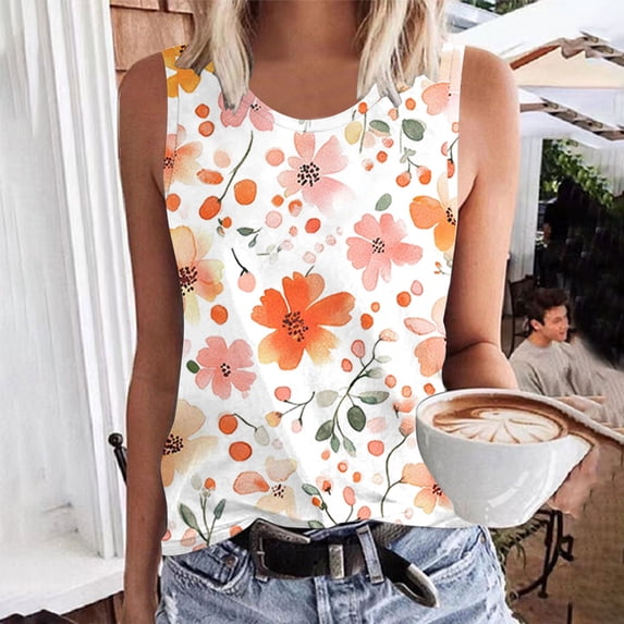 Homenesgenics Tank Tops with Built in Bras Women Floral Printing Tank Round-Neck Sleeveless Block Tunic Tee Multicolor XXXXXL