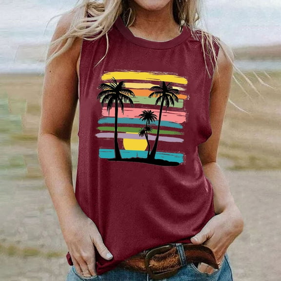 Homenesgenics Tank Tops with Built in Bras Women's Fashion Casual Printed Sleeveless Blouse Round Neck Pullover Red L