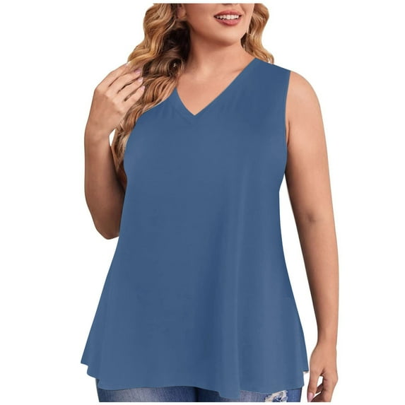 Homenesgenics Tank Tops with Built in Bras Women's Fashion Plus Size -Neck Loose Sleeveless T-Shirt Pullover Blue L