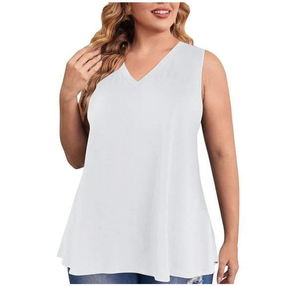 Homenesgenics Tank Tops with Built in Bras Women's Fashion Plus Size -Neck Loose Sleeveless T-Shirt Pullover White XXXL