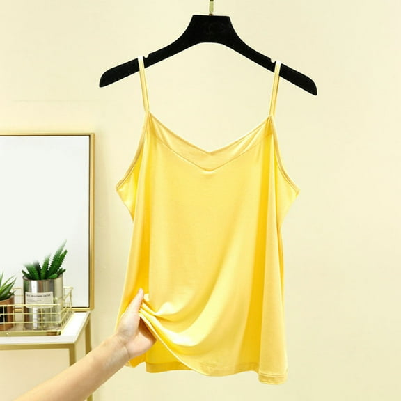 Homenesgenics Tank Tops with Built in Bras Women's Summer Casual Fashion-Neck Solid Color Tank Comfy Regular Tops Yellow XXL