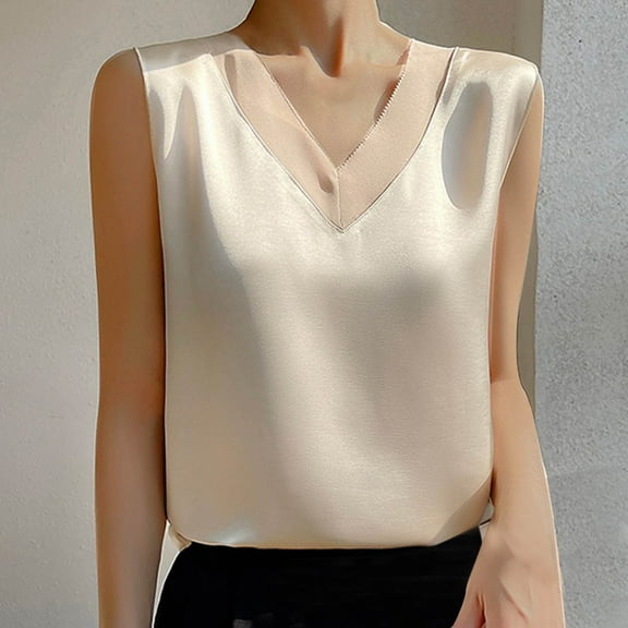 Homenesgenics Tank Tops with Built in Bras Women's Summer Casual and Fashionable Solid V-Neck Round Sleeveless Tops Beige M