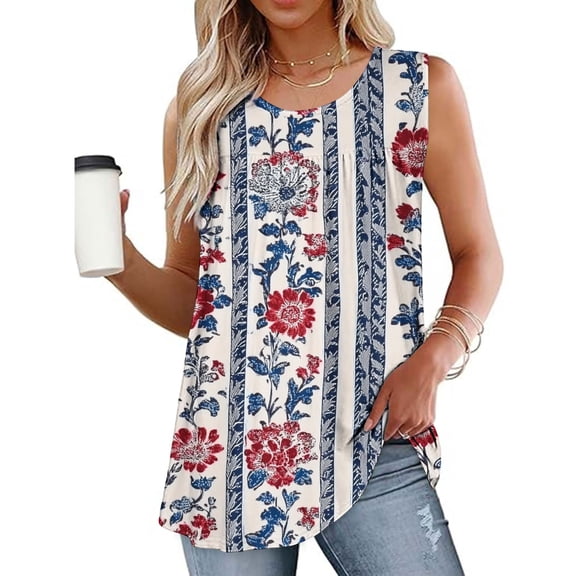 Homenesgenics Tank Tops with Built in Bras Women's Summer Crop Tops Printed Round Neck Pleated Tops Blue S