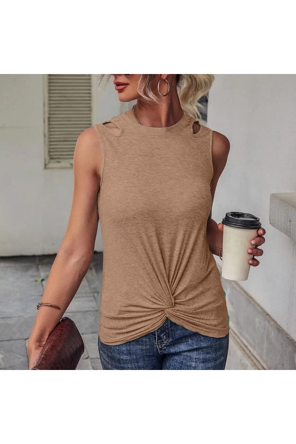 Tank Tops with Built in Bras Women's Summer New Fashion Slim Hole Hole Solid Color Kink CrewNeck Vest Brown L