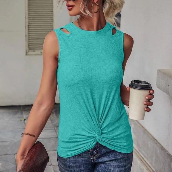 Homenesgenics Tank Tops with Built in Bras Women's Summer New Fashion Slim Hole Hole Solid Color Kink CrewNeck Vest Green L