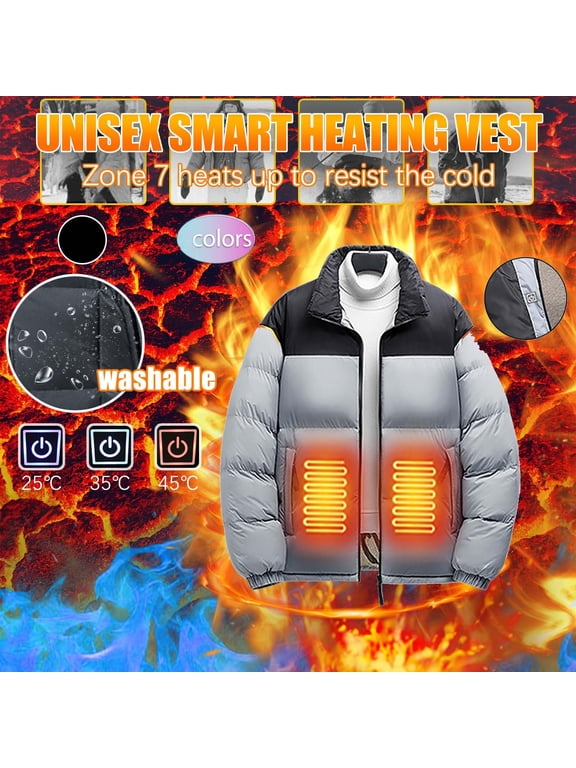 Thermal Jacket Heated Men's 6 Zone Smart Stand Up Collar Electric Down Long Sleeve Gray M