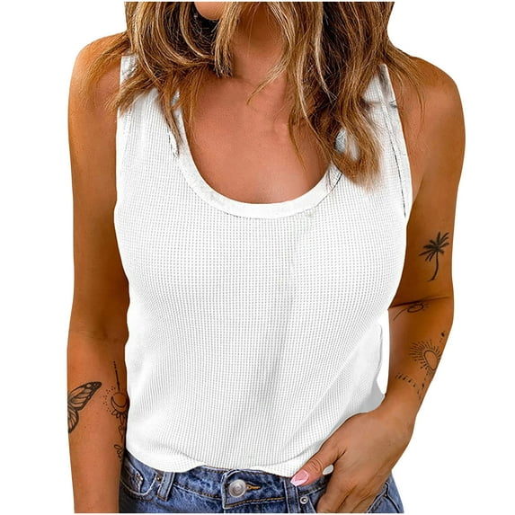 Homenesgenics Tops Sleeveless Women Sexy Casual Slim Fit Round-Neck Ribbed Sleeveless Solid Cami Tank Tops Shirts