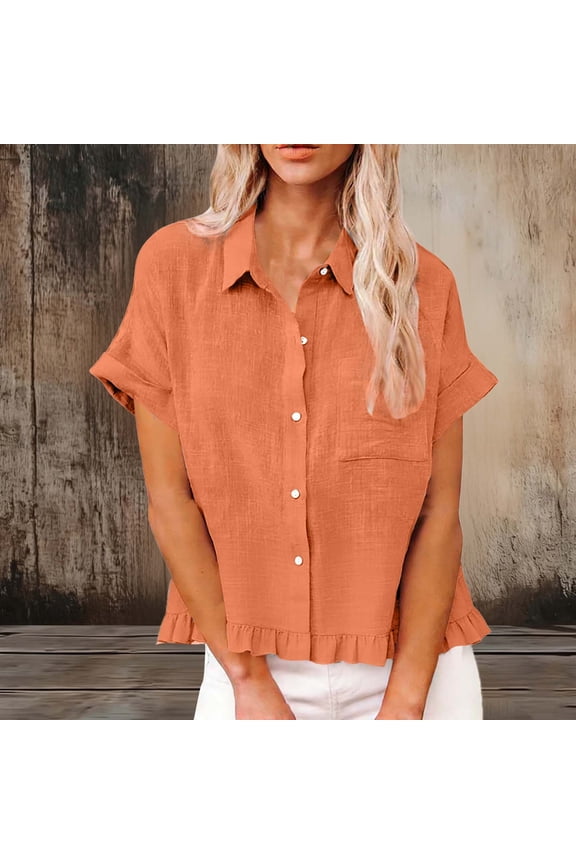 Tops for Women Plus Size Fashion Spring Summer Clothing Bamboo-Weave Linen Solid Color Front Pocket Hem Ruffle Short Sleeve Collared Shirt Tops Orange XL