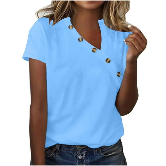 Homenesgenics Tops for Women Plus Size,Tunic Tops for Women,Crop Tops for Women Fashion Women Summer Solid-Neck T-Shirt Short Sleeve Casual Blouse Blue XXXL