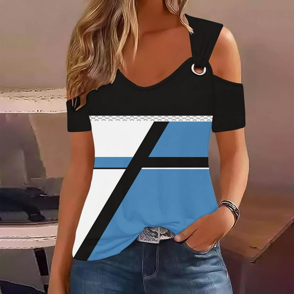 Homenesgenics Tops for Women Plus Size,Tunic Tops for Women,Crop Tops for Women Women Summer Sexy T- Shirt Cold Shoulder Pullover Blouse-Neck Short Sleeve Print Blue S