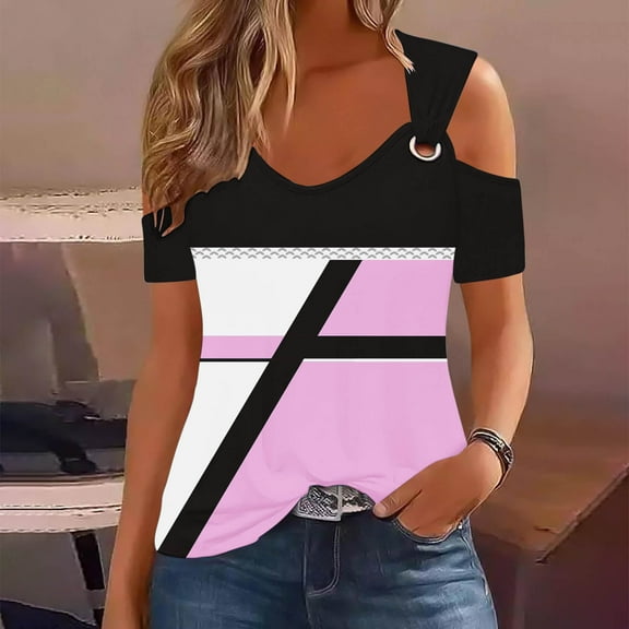 Homenesgenics Tops for Women Plus Size,Tunic Tops for Women,Crop Tops for Women Women Summer Sexy T- Shirt Cold Shoulder Pullover Blouse-Neck Short Sleeve Print Pink S