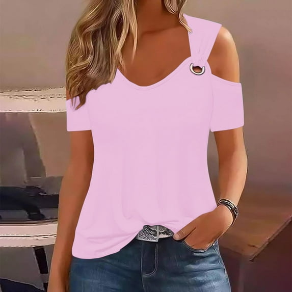 Homenesgenics Tops for Women Plus Size,Tunic Tops for Women,Crop Tops for Women Women Summer Sexy T- Shirt Cold Shoulder Pullover Blouse-Neck Short Sleeve Solid Pink M