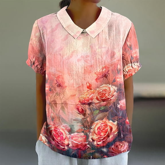 Homenesgenics Tops for Women Plus Size,Tunic Tops for Women,Crop Tops for Women Women's Casual Style Casual Printed Short Sleeve Blouse-Sleeve Blouse/Shirt Blue L