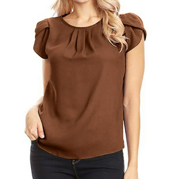 Homenesgenics Tops for Women Plus Size,Tunic Tops for Women,Crop Tops for Women Women's Chiffon Solid Color Short Sleeve Round Neck Casual Shirt Short Sleeve Blouse Brown XXXL