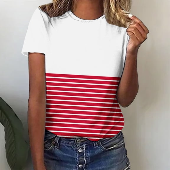 Homenesgenics Tops for Women Plus Size,Tunic Tops for Women,Crop Tops for Women Women's Fashion Casual Loose Shirt Colorful Stripe Printed Round Neck T-Shirt Shirt Printed T-Shirt Red S