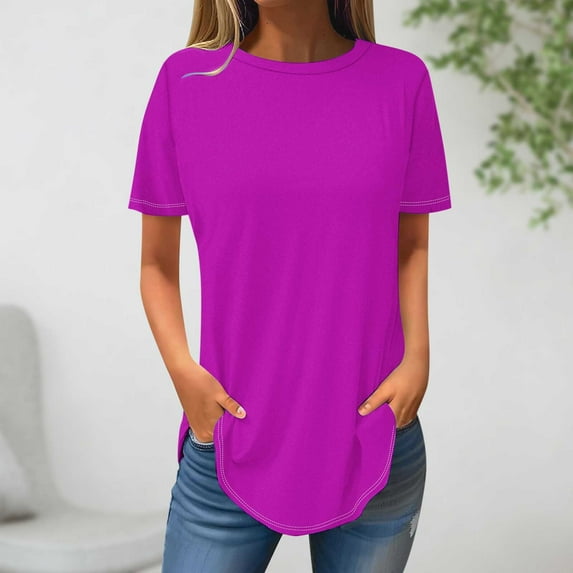 Homenesgenics Tops for Women Plus Size,Tunic Tops for Women,Crop Tops for Women Women's Fashion Solid Color Short Sleeves Blouse Round Neck Casual Pink XXXL