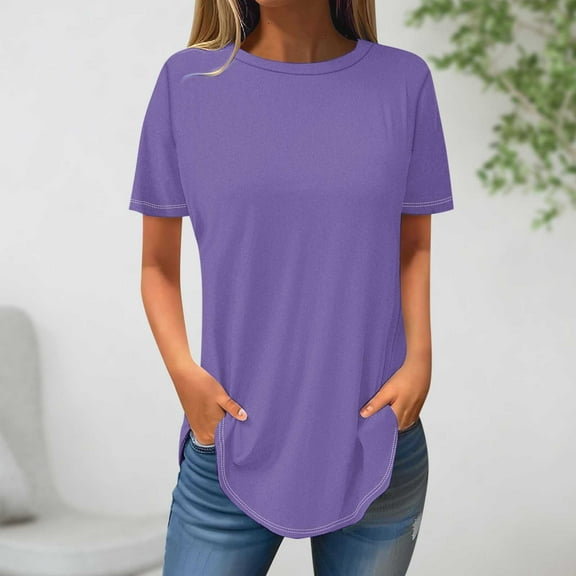 Homenesgenics Tops for Women Plus Size,Tunic Tops for Women,Crop Tops for Women Women's Fashion Solid Color Short Sleeves Blouse Round Neck Casual Purple XXXL