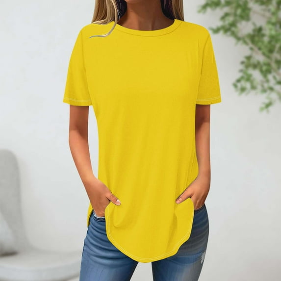 Homenesgenics Tops for Women Plus Size,Tunic Tops for Women,Crop Tops for Women Women's Fashion Solid Color Short Sleeves Blouse Round Neck Casual Yellow XL