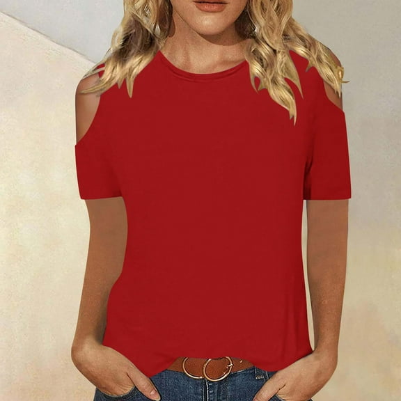 Homenesgenics Tops for Women Plus Size,Tunic Tops for Women,Crop Tops for Women Women's Fashionable Solid Color T-Shirt Short Sleeved Shirt Round Neck Casual Tops Red XL