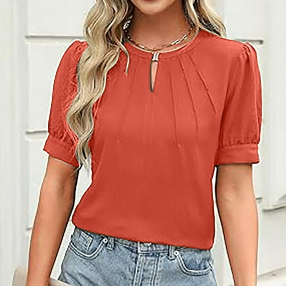 Homenesgenics Tops for Women Plus Size,Tunic Tops for Women,Crop Tops for Women Womens Casual Keyhole Blouses Pleated Puff Sleeve Summer Solid Color Short Sleeves Tops 2025 Orange S