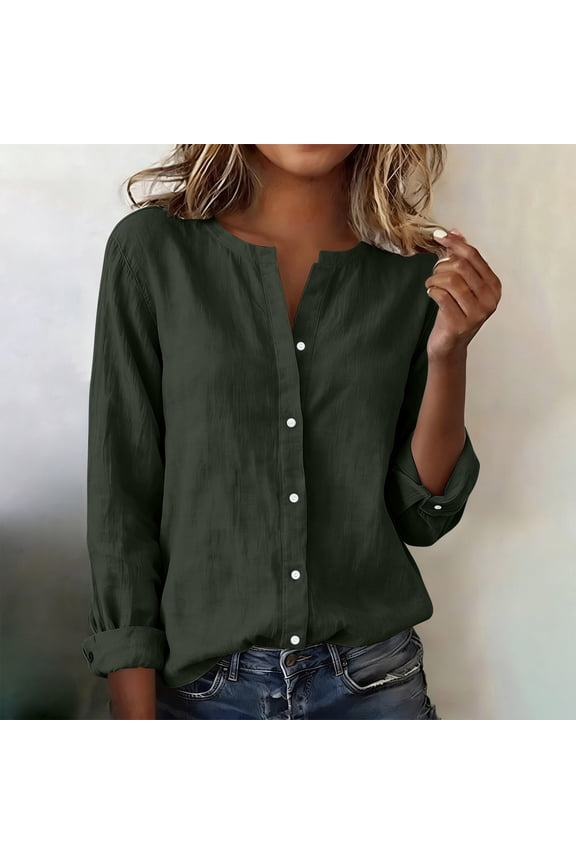 Tops for Women Fall Cotton-Linen Summer V-Neck Pull-Over Button-Down Shirt Long-Sleeve Top Bronze M