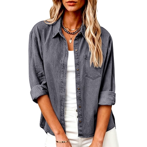 Homenesgenics Tops for Women Fall Denim Collared Shirt Long-Sleeve Button-Down Denim Shirt with Pockets Casual Loose-Fit Top Gray L
