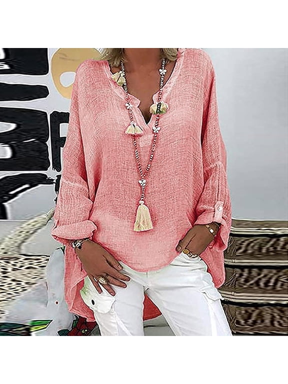 Tops for Women Long Sleeve 3/4 Sleeve Womens Solid Color V Neck Loose Blouse Long Sleeve Casual Work Tunic Tops with Pocket