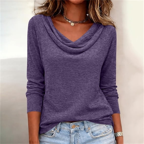 Homenesgenics Tops for Women Long Sleeve Solid-Color Scoop-Neck Fall Pullover Shirt Purple M