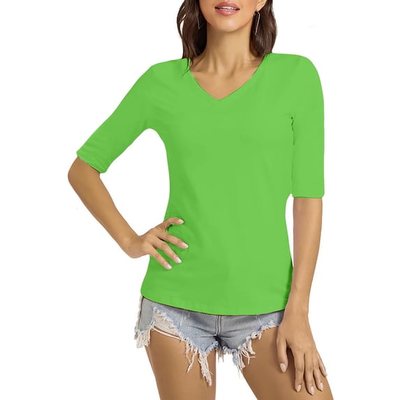 Homenesgenics Tops for Women Plus Size Casual Solid Color Half Sleeve V-Neck Tops Base Layer T-Shirt Green XXL