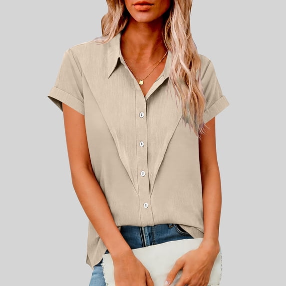 Homenesgenics Tops for Women Plus Size Collared Short-Sleeve Cotton-Linen Blend Button-Up Shirt for Spring/Summer Beige M