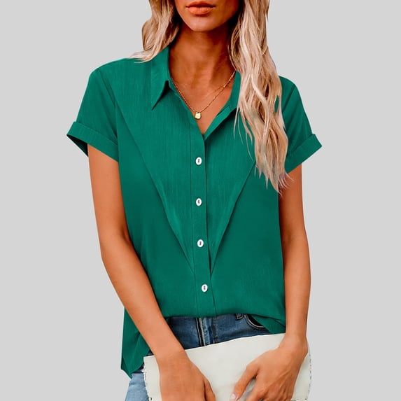 Homenesgenics Tops for Women Plus Size Collared Short-Sleeve Cotton-Linen Blend Button-Up Shirt for Spring/Summer Green XXXL