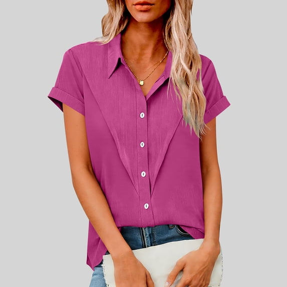 Homenesgenics Tops for Women Plus Size Collared Short-Sleeve Cotton-Linen Blend Button-Up Shirt for Spring/Summer Pink M