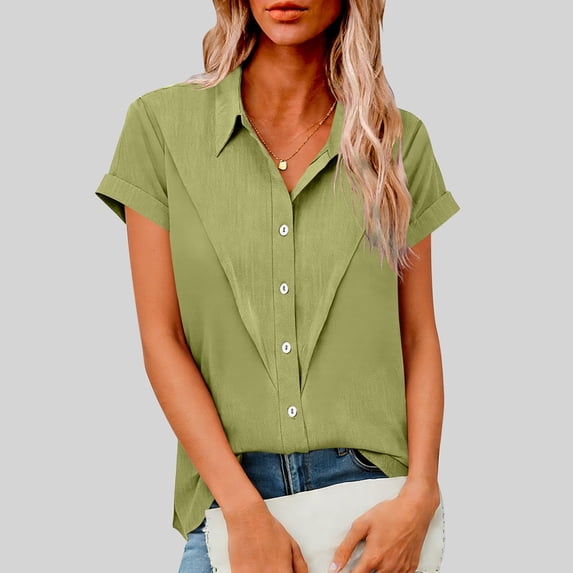 Homenesgenics Tops for Women Plus Size Collared Short-Sleeve Cotton-Linen Blend Button-Up Shirt for Spring/Summer Yellow M
