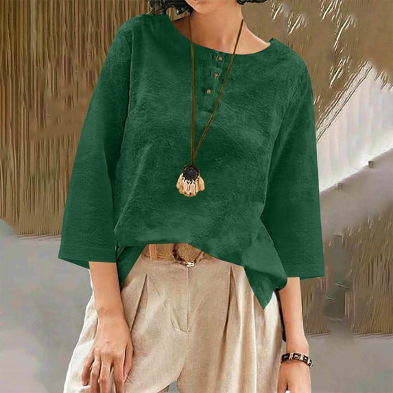 Homenesgenics Tops for Women Plus Size Fashion Casual Cotton-Linen Jacquard Round Neck Solid Color Button-Up Blouse Green XL