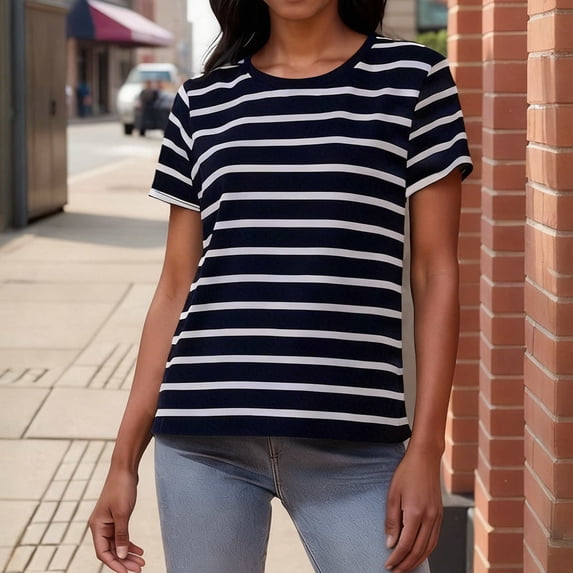 Homenesgenics Tops for Women Plus Size Fashion Striped Casual Short Sleeve Crew Neck T-Shirt Tops Blue M