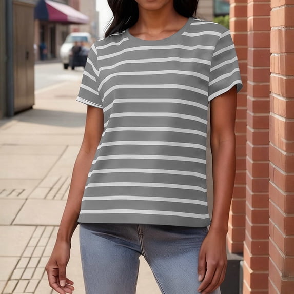Homenesgenics Tops for Women Plus Size Fashion Striped Casual Short Sleeve Crew Neck T-Shirt Tops Gray XXL