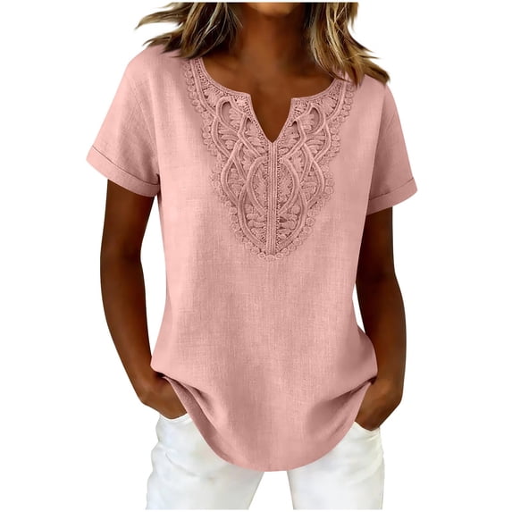 Homenesgenics Tops for Women Plus Size Short-Sleeve V-Neck Eyelet Casual Shirt Pink L