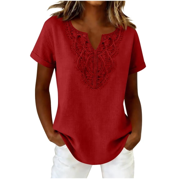 Homenesgenics Tops for Women Plus Size Short-Sleeve V-Neck Eyelet Casual Shirt Red L