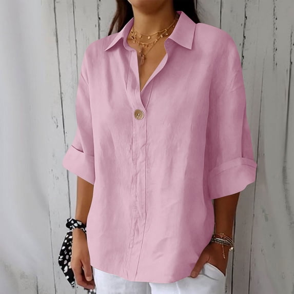 Homenesgenics Tops for Women Plus Size Solid Color Casual Loose Collared Three-Quarter Sleeve Cotton-Linen V-Neck T-Shirt Tops Pink XXL