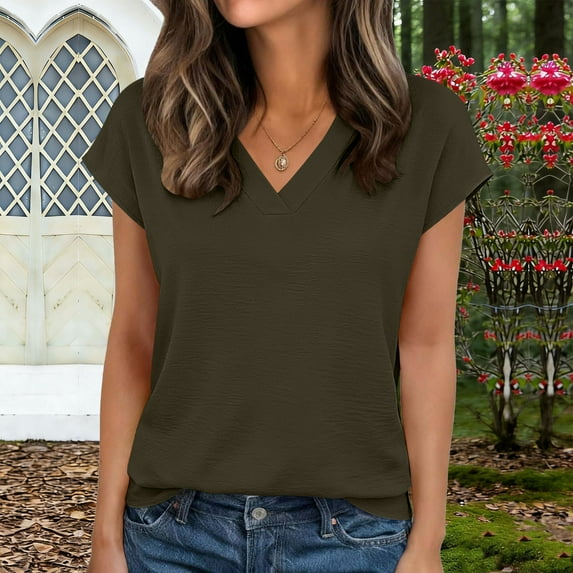 Homenesgenics Tops for Women Plus Size Spring/Summer Fashion Solid Color V-Neck Short Sleeve Slim-Fit Tops Green XL