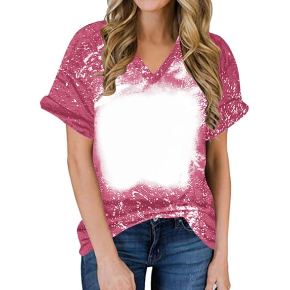 Homenesgenics Tops for Women Plus Size Tie-Dye Gradient V-Neck Short-Sleeve T-Shirt Tops/Shirt Pink M