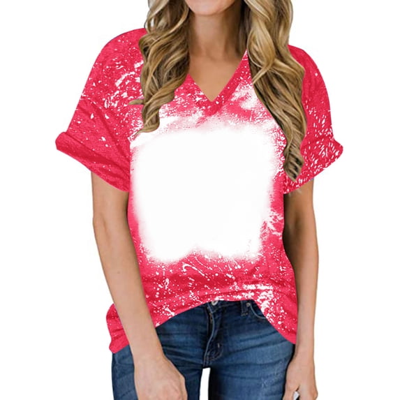 Homenesgenics Tops for Women Plus Size Tie-Dye Gradient V-Neck Short-Sleeve T-Shirt Tops/Shirt Red L