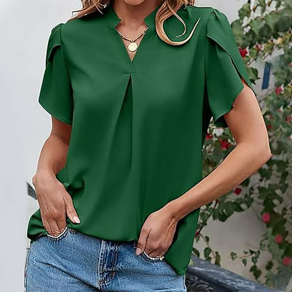 Homenesgenics Tops for Women Plus Size,Tunic Tops for Women,Crop Tops for Women Women Summer Casual Solid-Neck Short Sleeve Pullover Blouse Green M