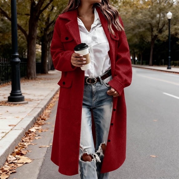 Homenesgenics Trench Coat for Women Fashionable Collared Warm Winter Coat with Pockets Long Sleeves and Buttons (Cardigan) Red XXL