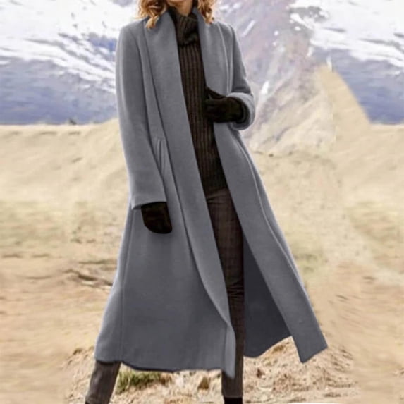 Homenesgenics Trench Coat for Women Outerwear Warm Long-Sleeve Turn-Down Collar Pocket Winter Long Coat Mid Long Length Gray S